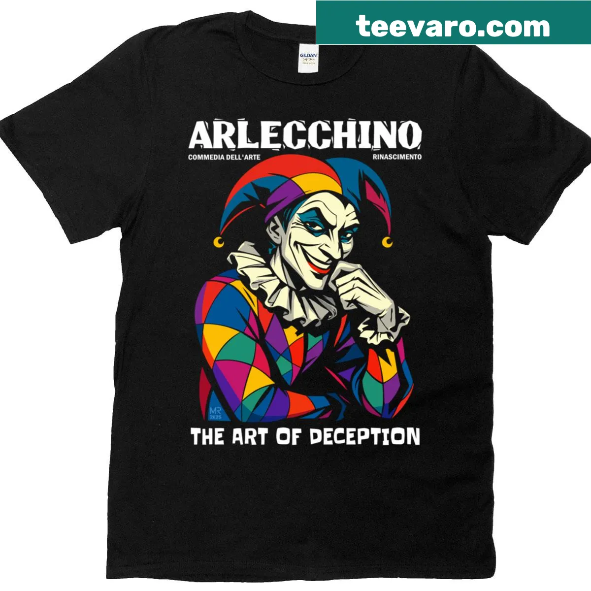 Artistic t-shirt featuring 'The Art Of Deception' text with Harlequin theme — on a men's t-shirt