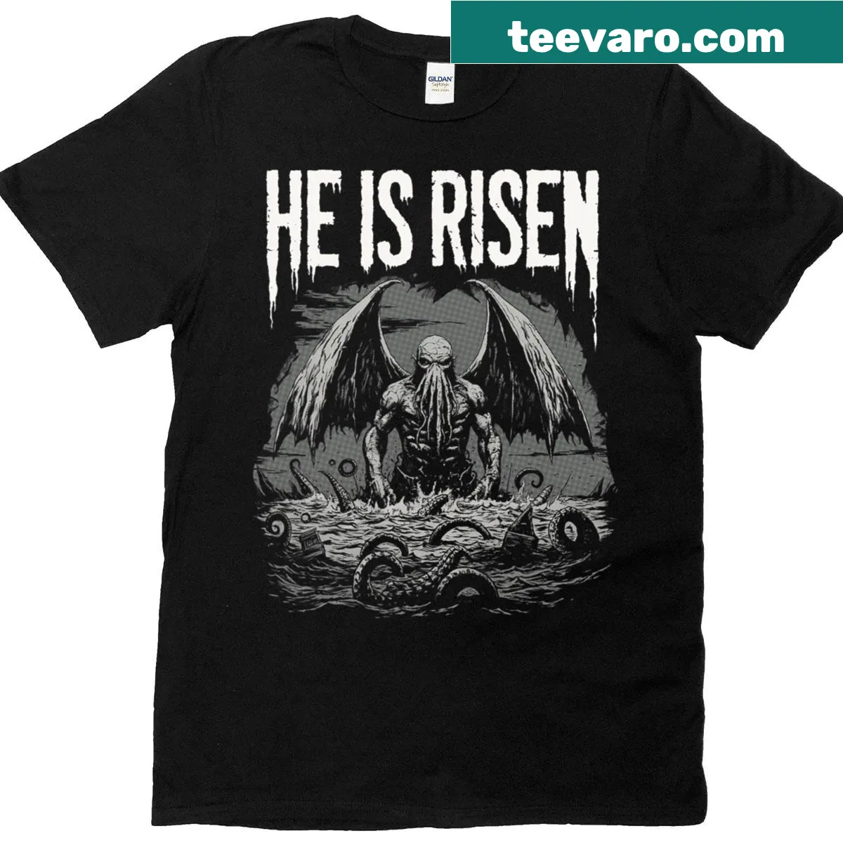 Cthulhu-themed Easter t-shirt with vintage distressing — on a men's t-shirt
