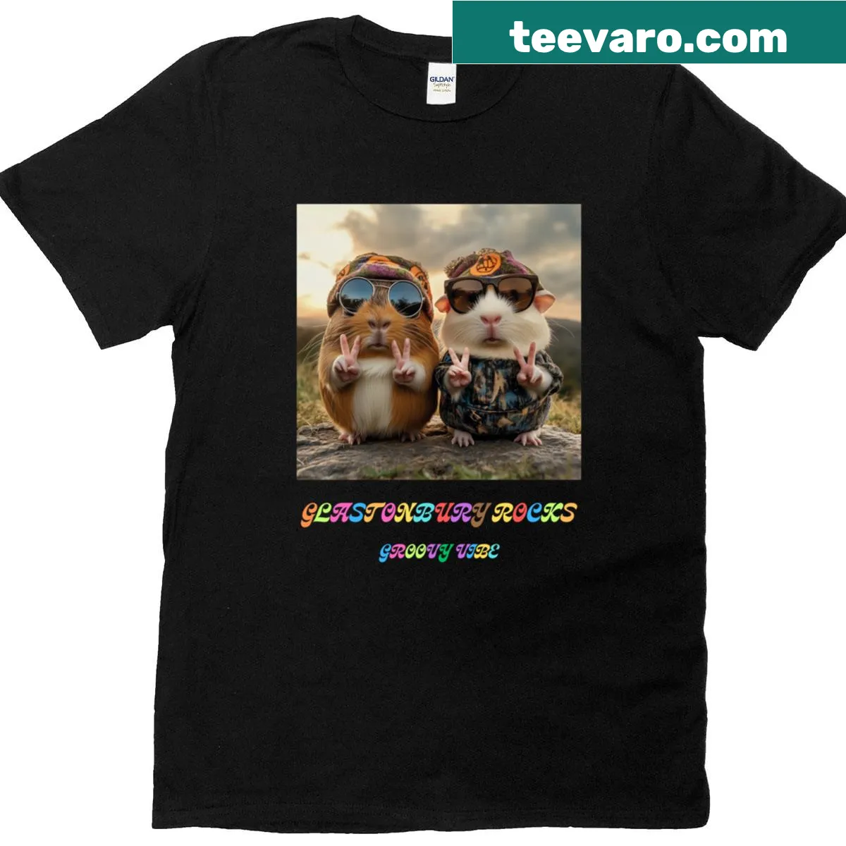 Illustration of hippie guinea pigs enjoying a groovy vibe — on a men's t-shirt