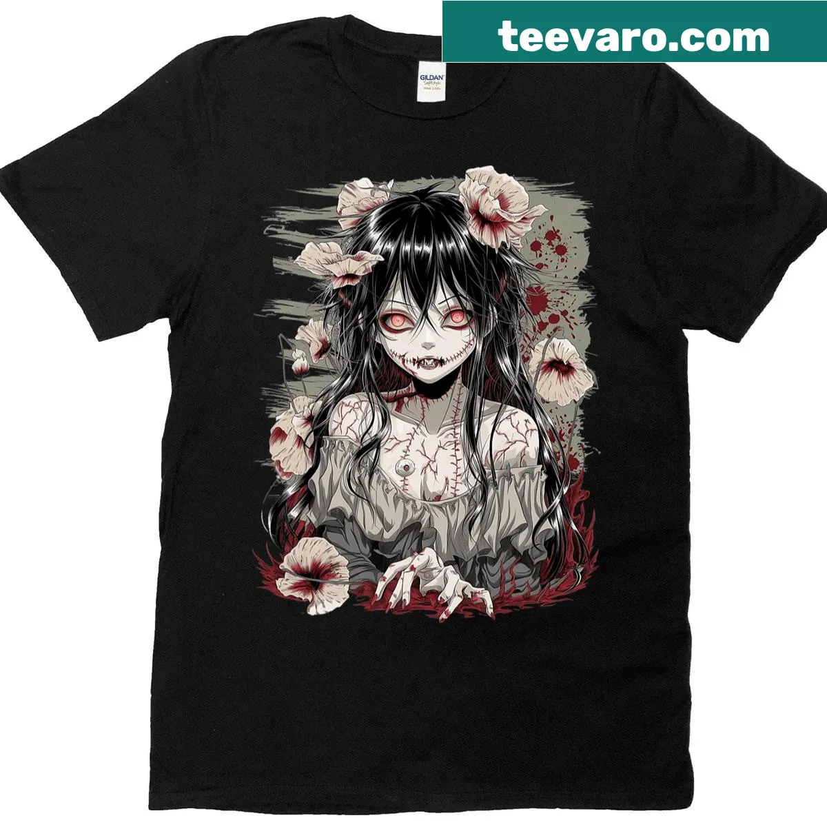 Horror-themed anime girl illustration on t-shirt — on a men's t-shirt