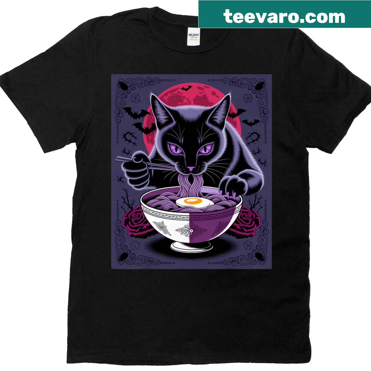 Anime-style cat eating noodles with horror elements — on a men's t-shirt