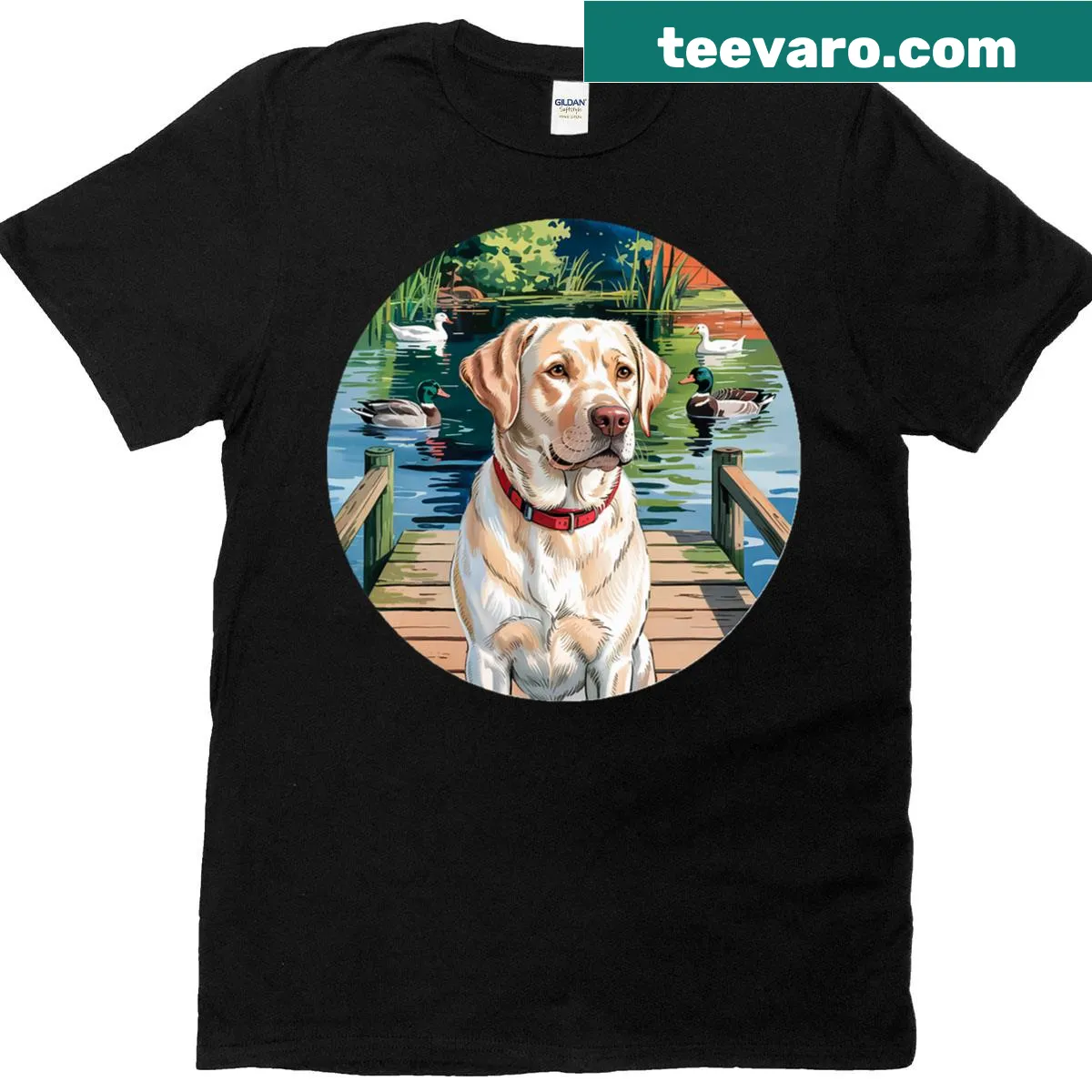 Labrador dog hunting ducks illustration on t-shirt — on a men's t-shirt