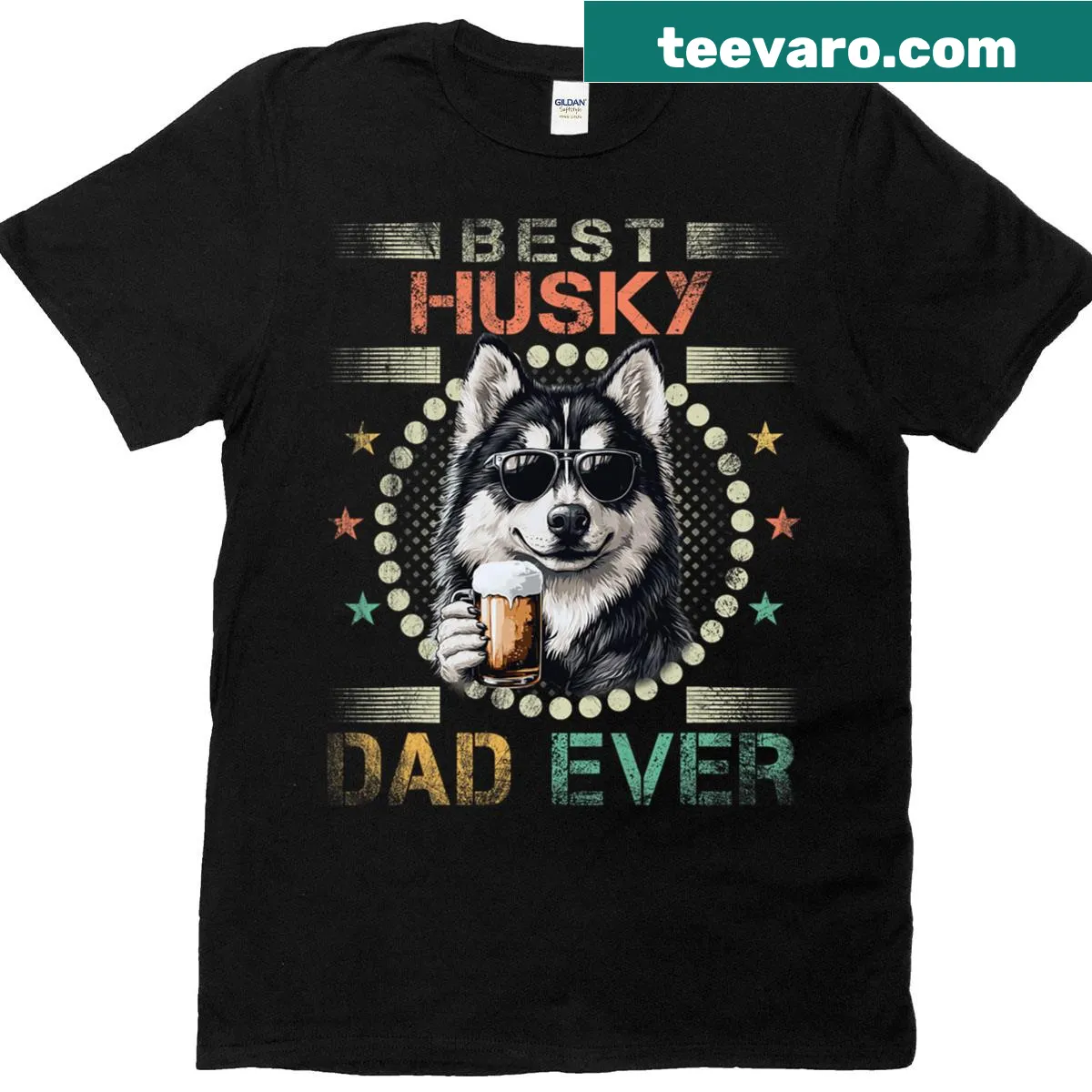 Funny Husky Dad t-shirt with humorous text — on a men's t-shirt
