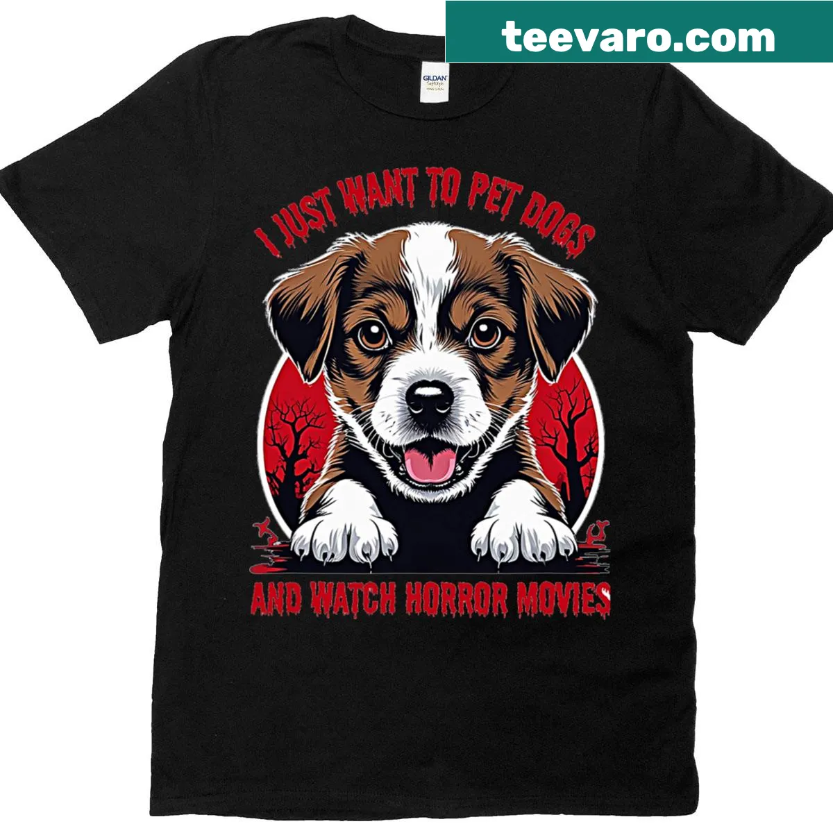 T-shirt with a phrase about dogs and horror movies — on a men's t-shirt