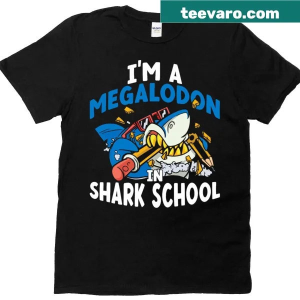 Illustration of a megalodon in shark school on a t-shirt for kids