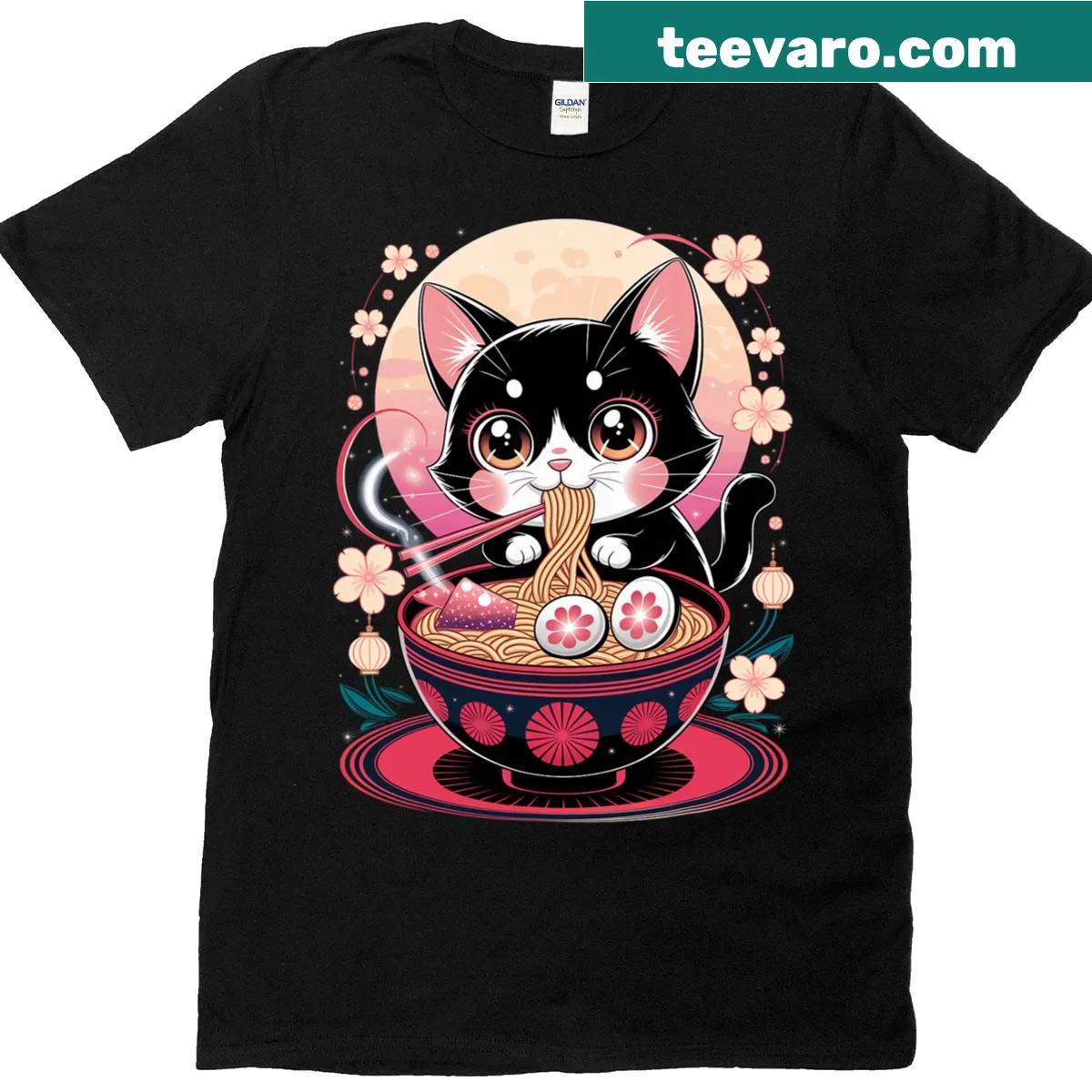 Kawaii cat eating noodles illustration on a t-shirt — on a men's t-shirt