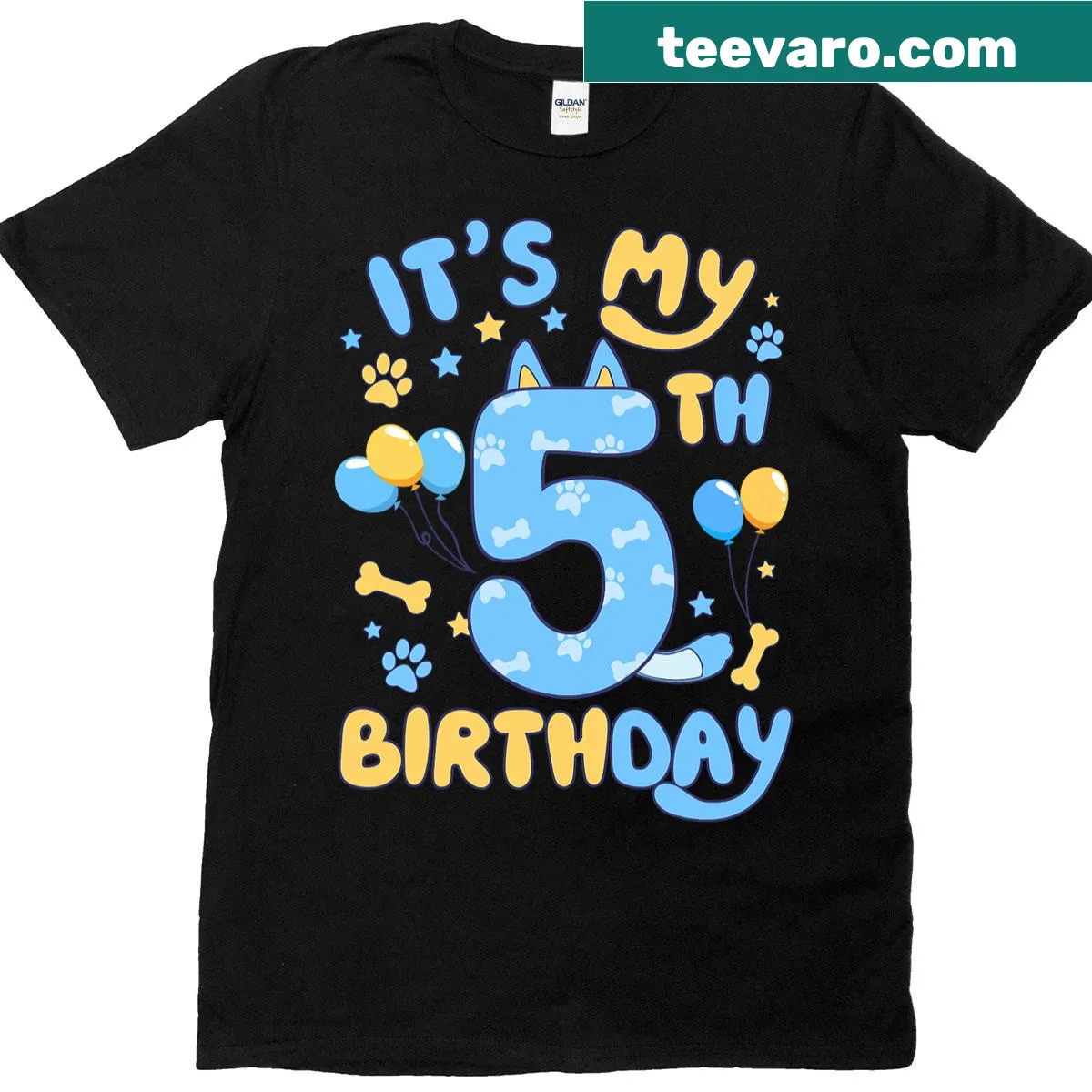 Kids birthday T-shirt featuring a playful dog graphic for age 5 — on a men's t-shirt