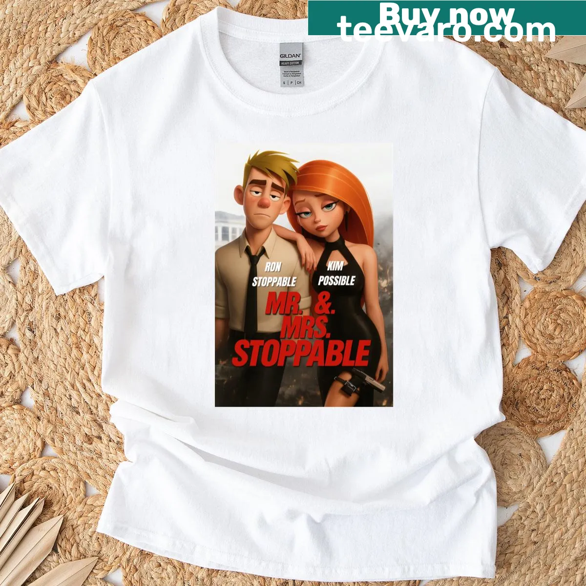 Illustrated Kim Possible and Ron Stoppable design — on a men's t-shirt