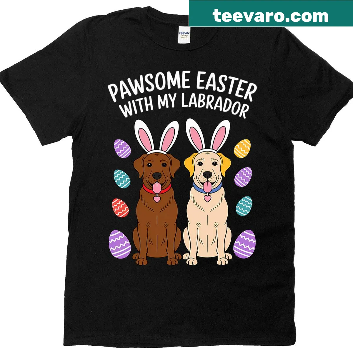 Easter-themed T-shirt featuring a Labrador Retriever and colorful eggs — on a men's t-shirt