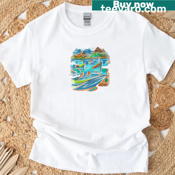 T-shirt with an illustration of a water skier on a lake.