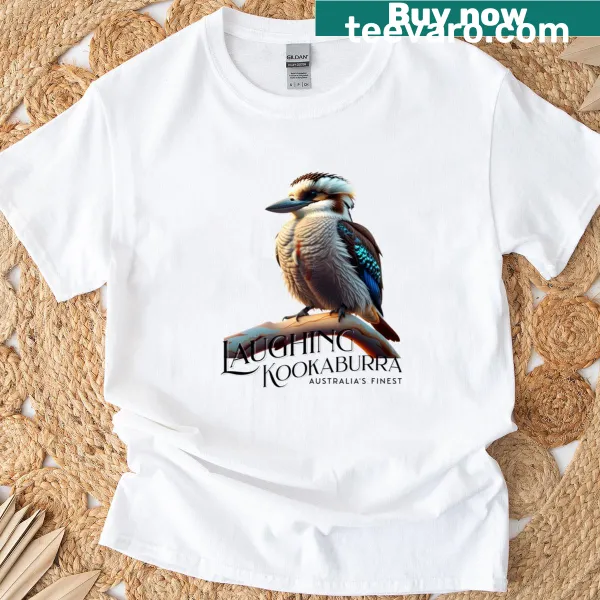 Cartoon graphic of a laughing kookaburra on a classic t-shirt.