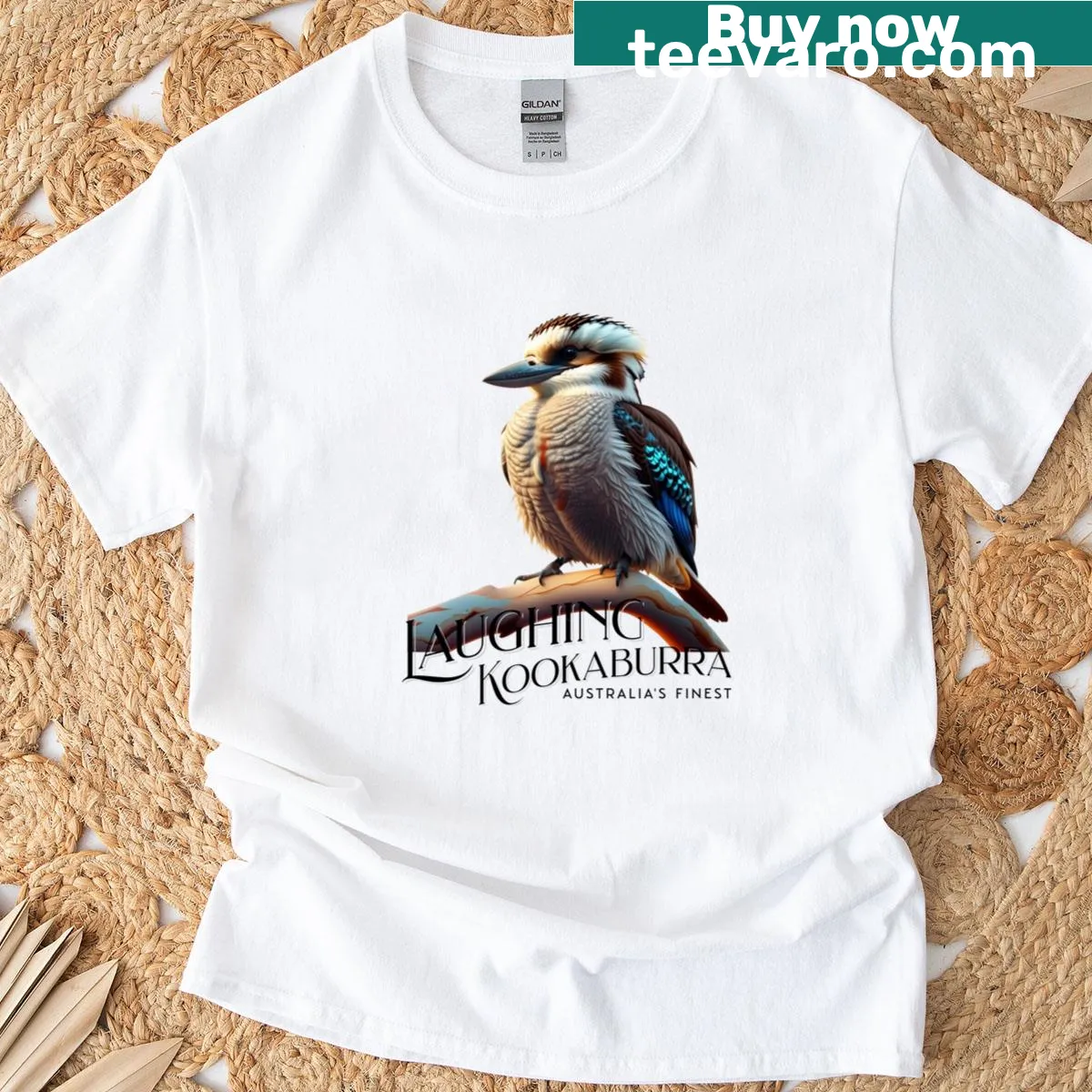 Cartoon graphic of a laughing kookaburra on a classic t-shirt. — on a men's t-shirt