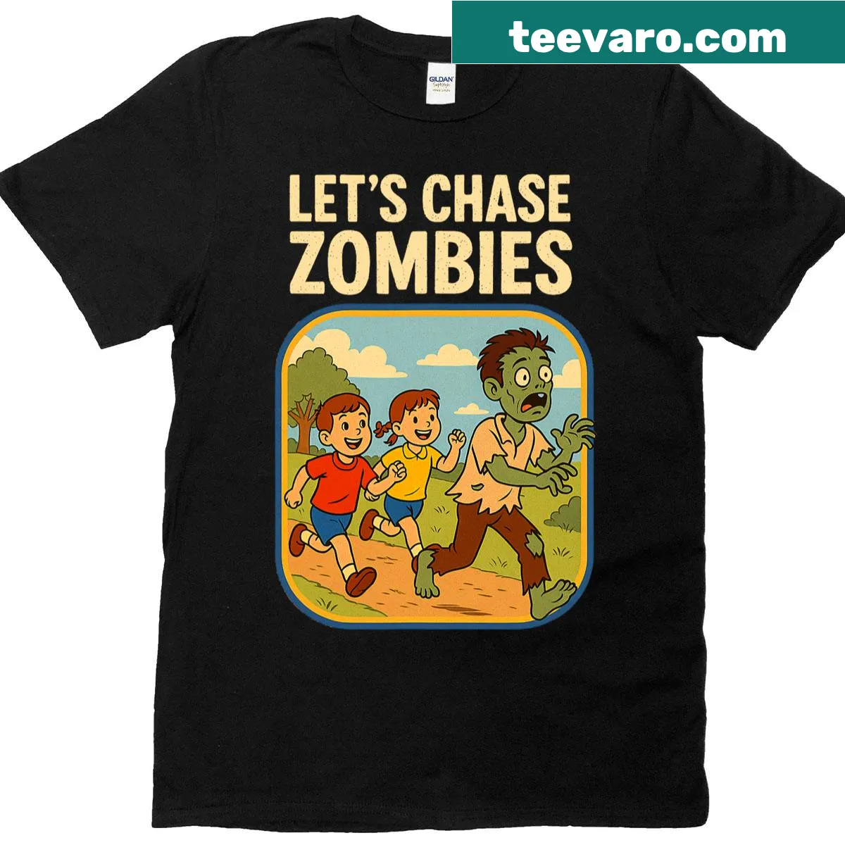 Retro T-shirt with the text 'Let's Chase Zombies' and playful graphics — on a men's t-shirt