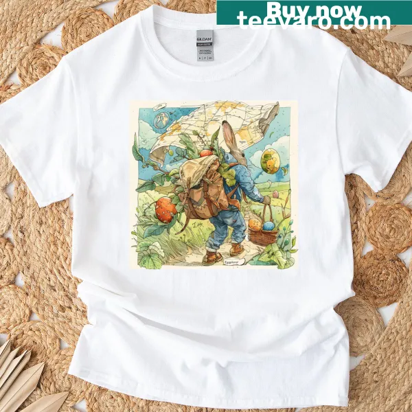 Illustration of a bunny with a map and basket on a kids T-shirt.