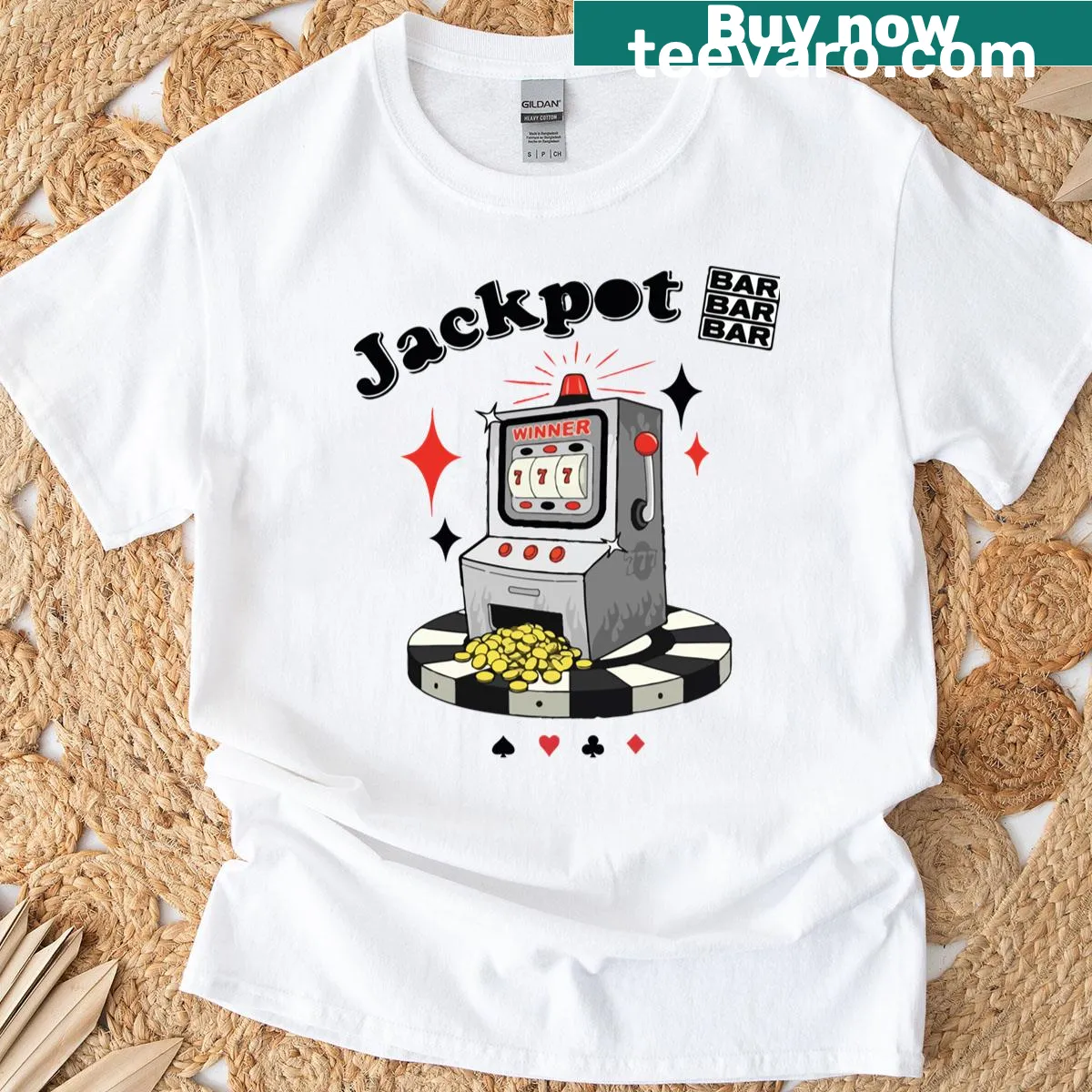 Retro jackpot slot machine graphic on a classic gambling-themed T-shirt — on a men's t-shirt