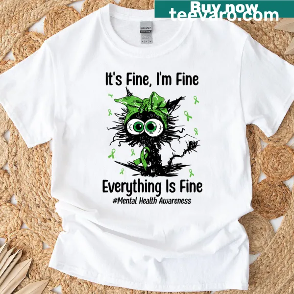 T-shirt featuring a black cat illustration advocating for mental health awareness