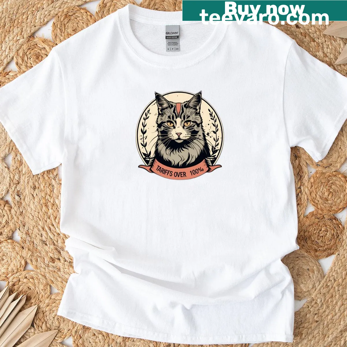 Minimalist logo design referencing cat tariffs for cat lovers — on a men's t-shirt