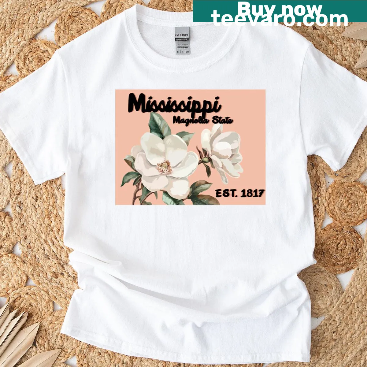 Illustrated t-shirt representing Mississippi with magnolia design — on a men's t-shirt