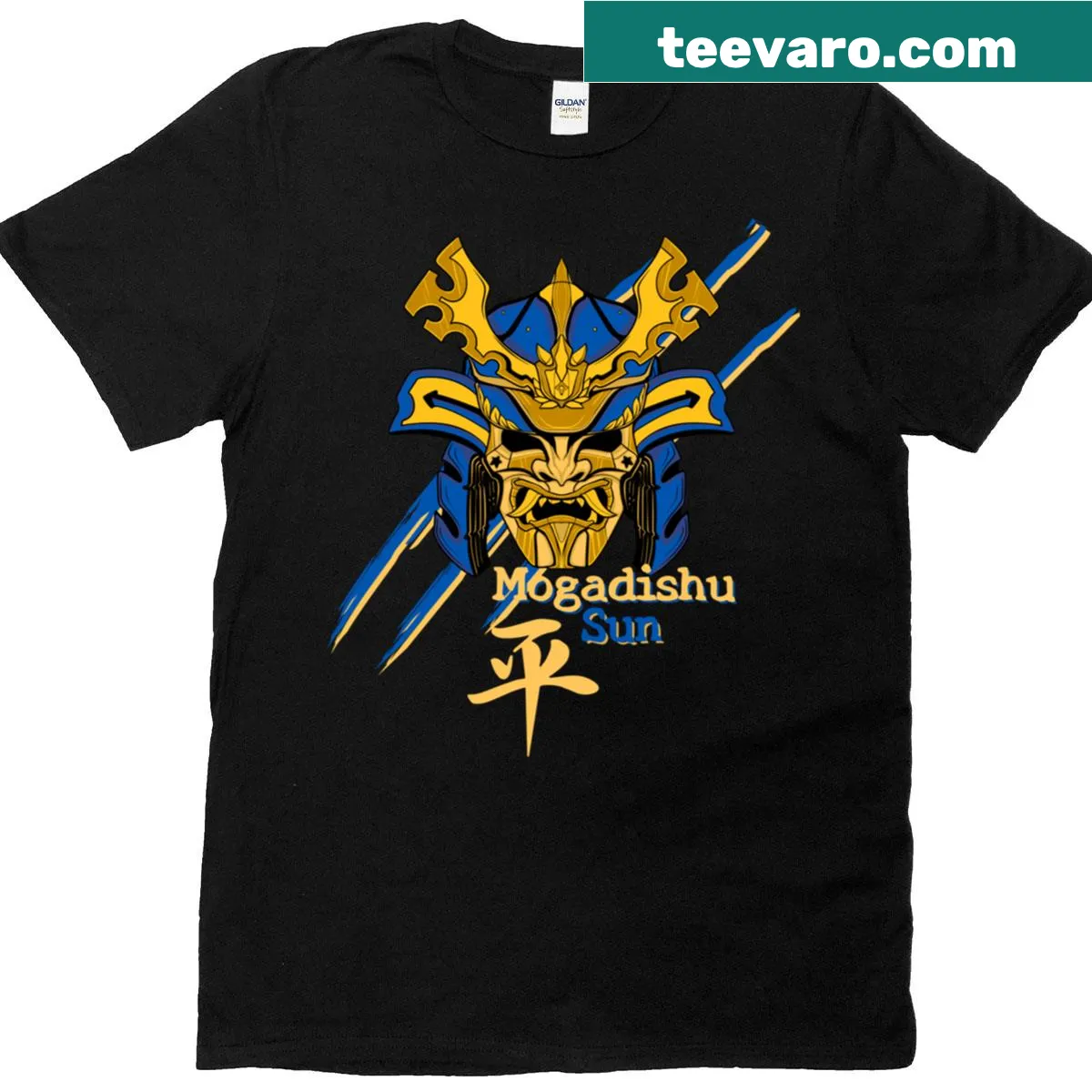 Graphic T-shirt featuring a sun samurai inspired by Mogadishu — on a men's t-shirt