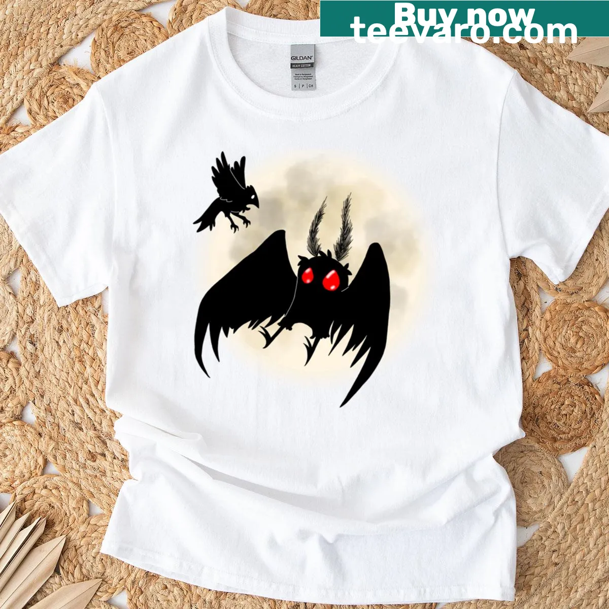 Whimsical Mothman graphic with a friend on a classic T-shirt — on a men's t-shirt
