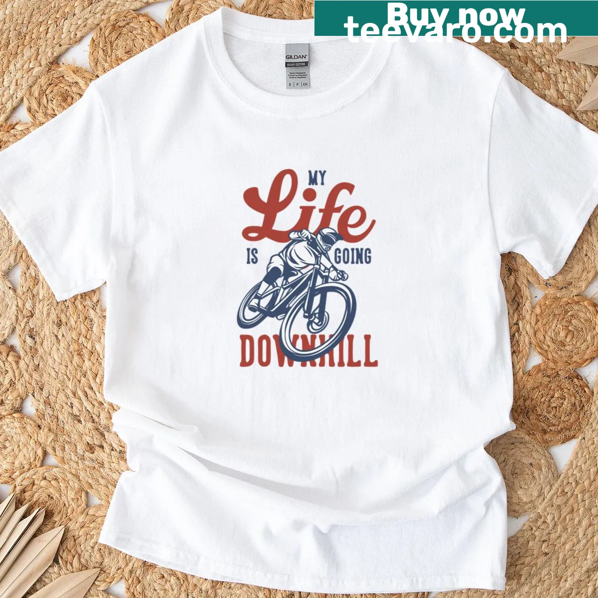 Funny downhill bike design T-shirt with cyclist graphic — on a men's t-shirt