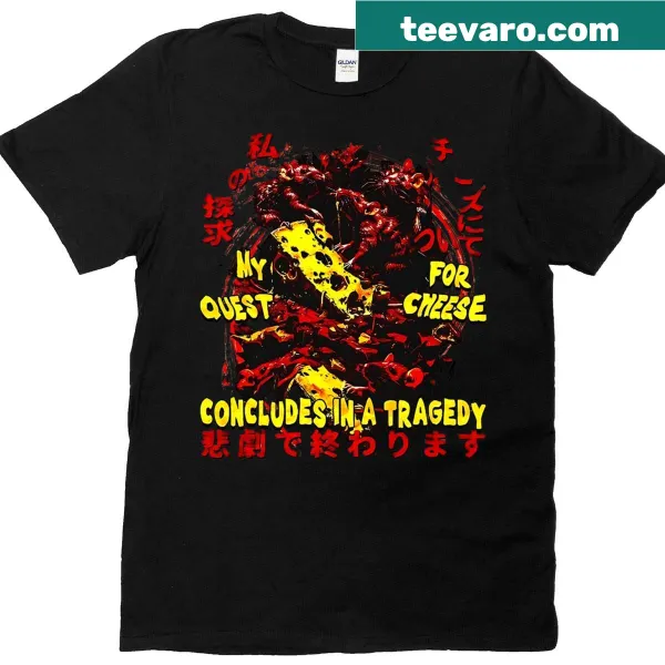 Funny T-shirt featuring a rat's quest for cheese in a horror theme, cartoon design