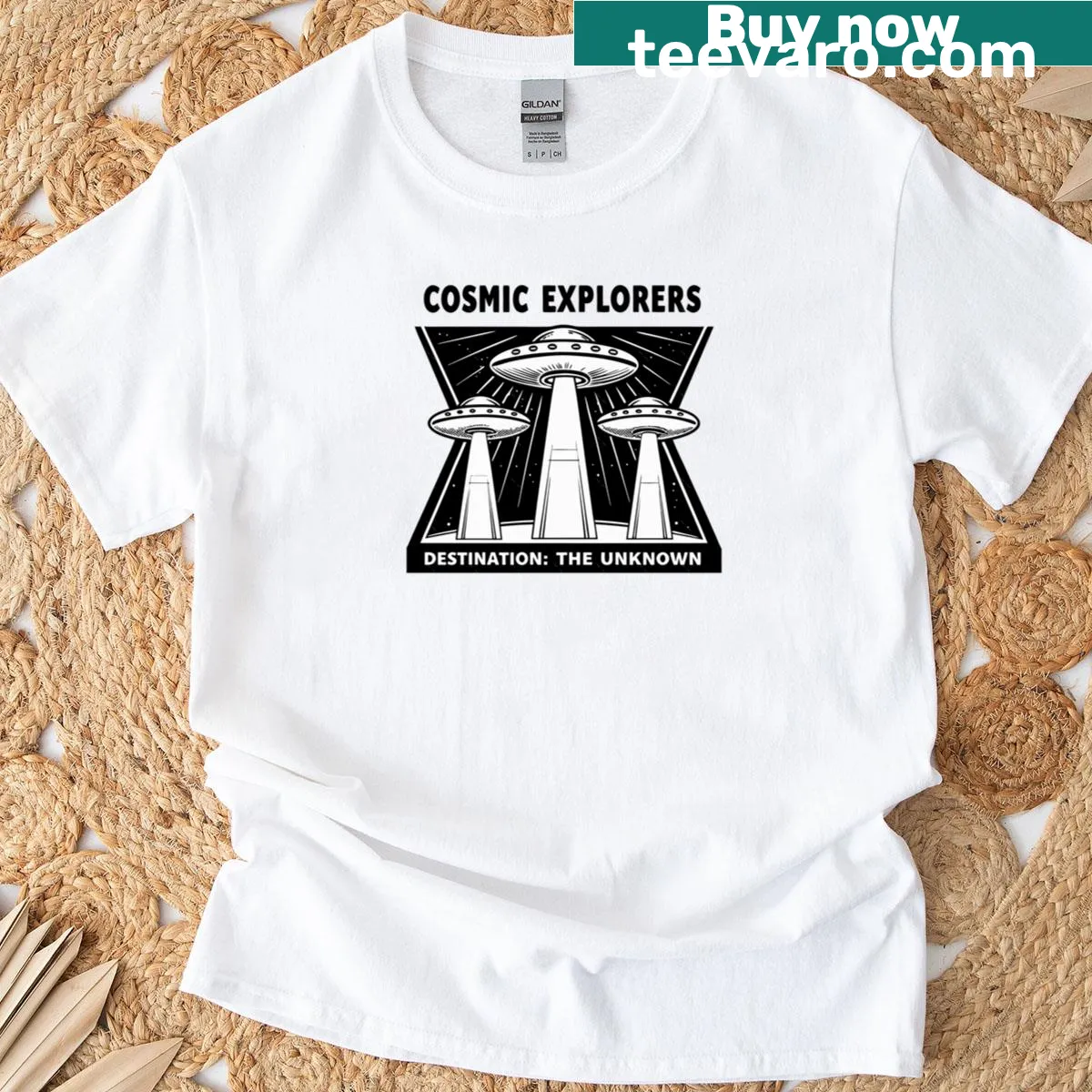 Minimalist t-shirt featuring a mysterious UFO graphic — on a men's t-shirt