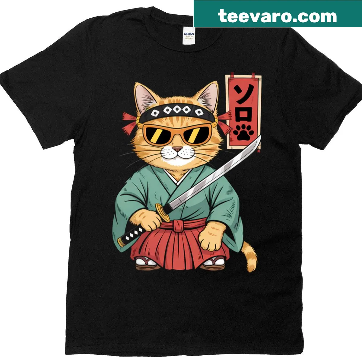Illustration of a cat as a ninja with a katana — on a men's t-shirt
