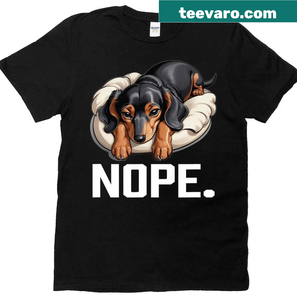 Illustration of a lazy Dachshund with the word 'Nope' on a T-shirt — on a men's t-shirt