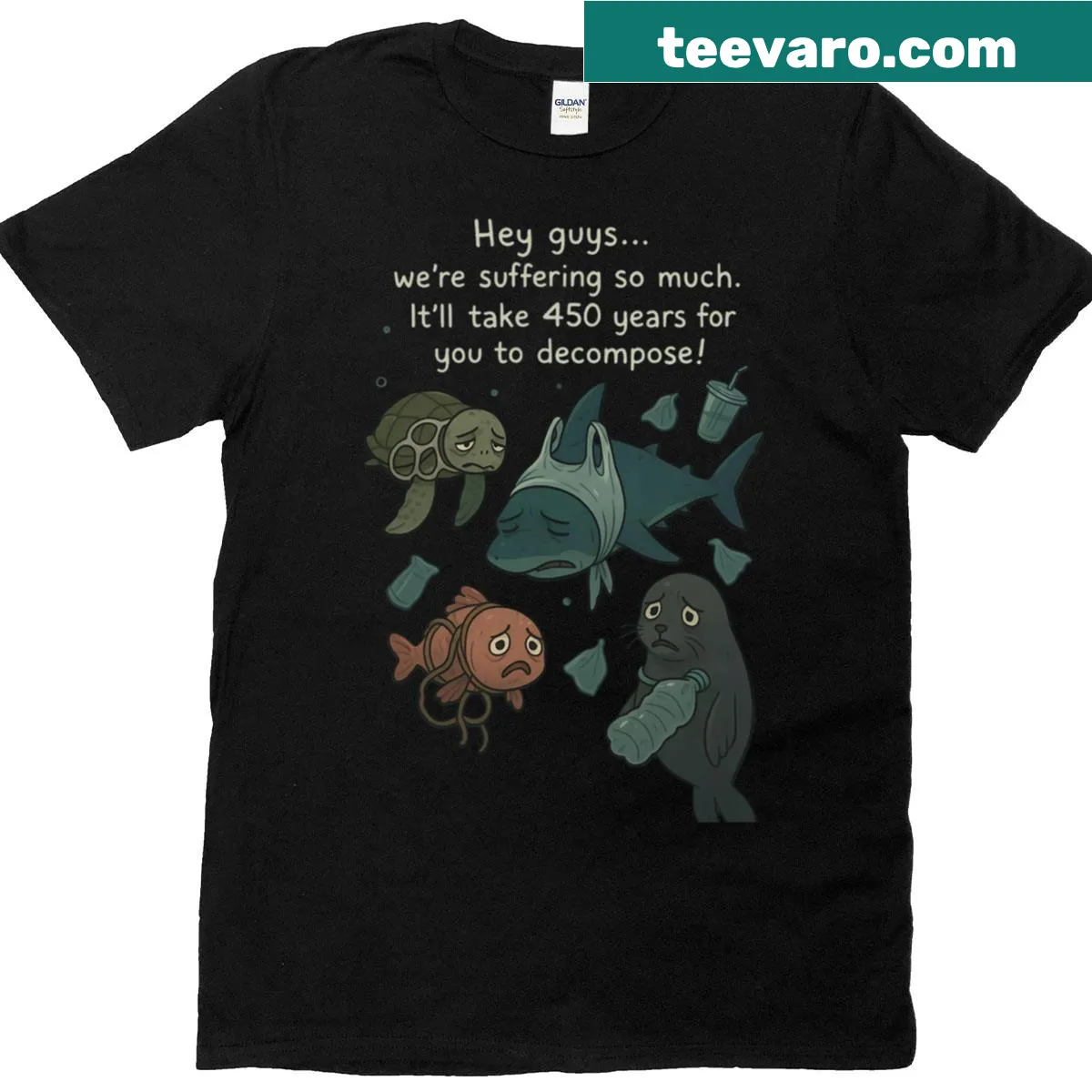 T-shirt with graphic promoting ocean protection and anti-plastic pollution — on a men's t-shirt