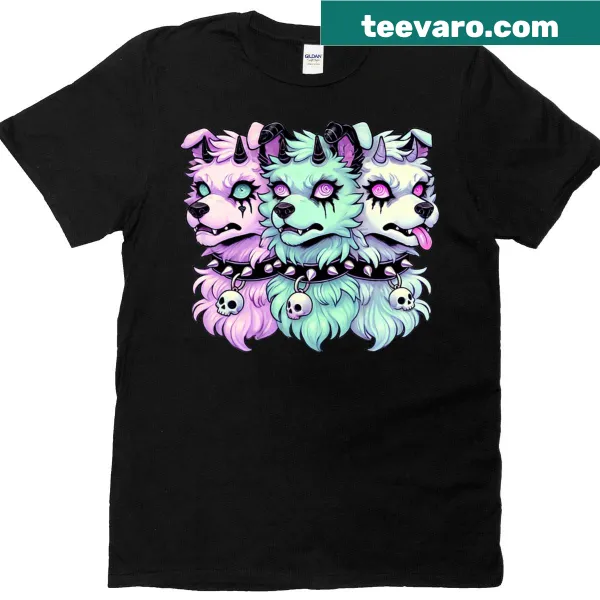 Kawaii-style t-shirt featuring a cute pastel goth 3-headed dog