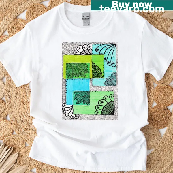 Hand drawn doodle of peacocks in playful poses on a classic t-shirt