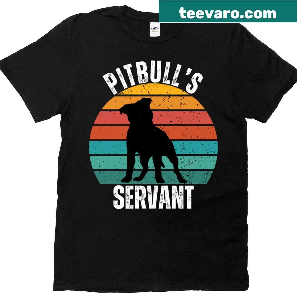 Vintage style T-shirt with pitbull silhouette against sunset — on a men's t-shirt