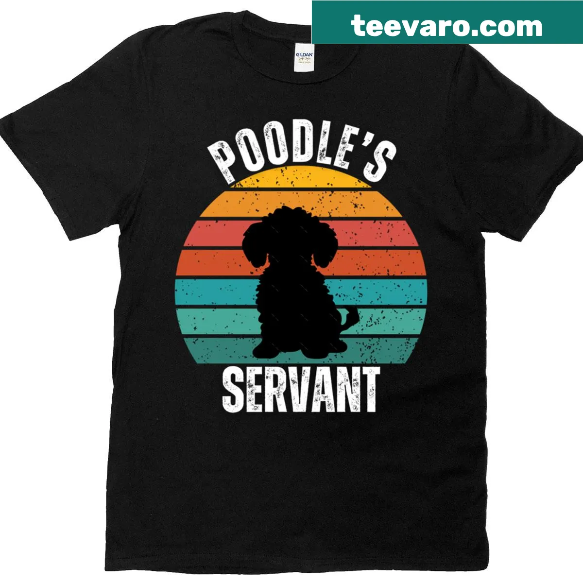Vintage style T-shirt with toy poodle silhouette against sunset — on a men's t-shirt