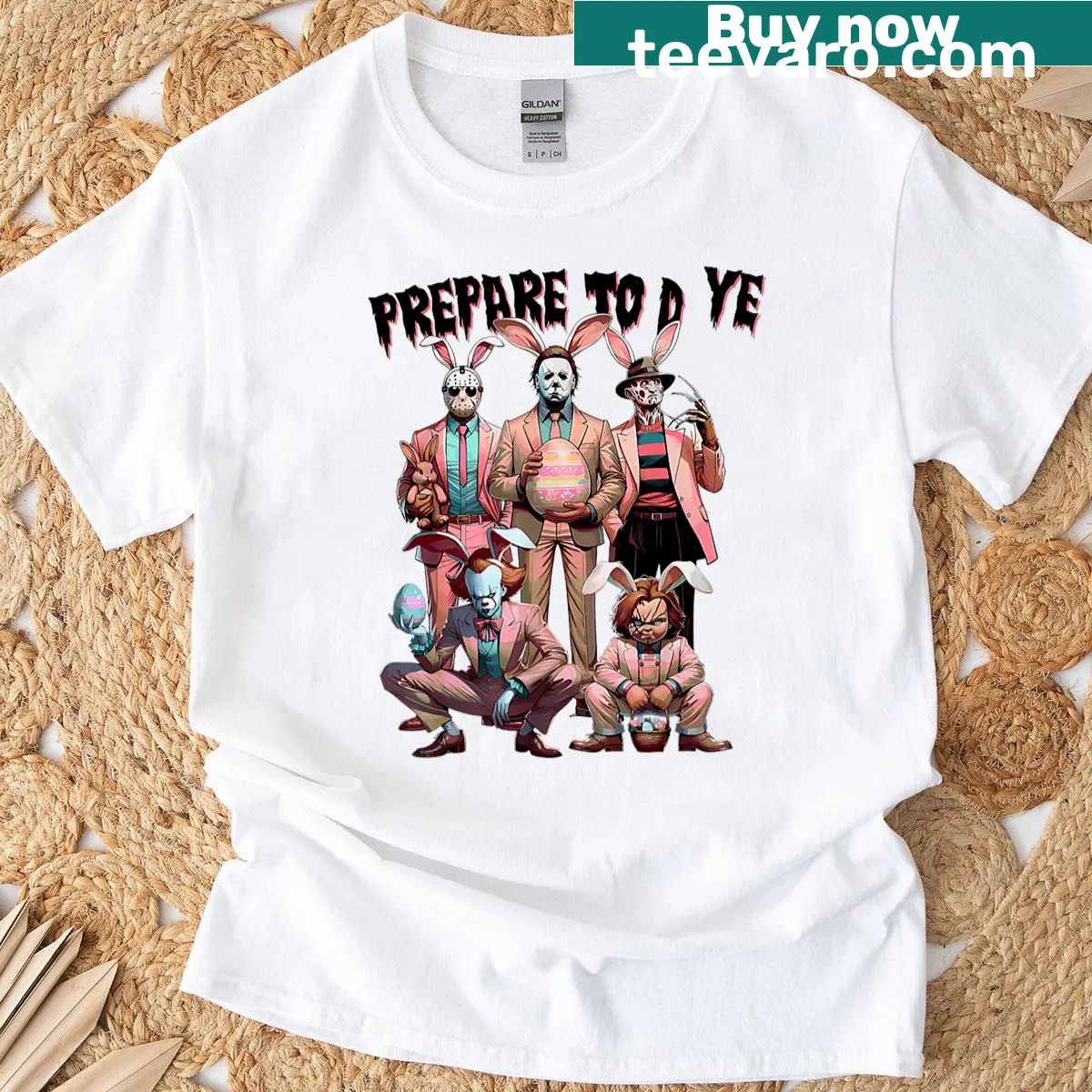 Funny bunny graphic with horror theme for Easter egg dyeing — on a men's t-shirt