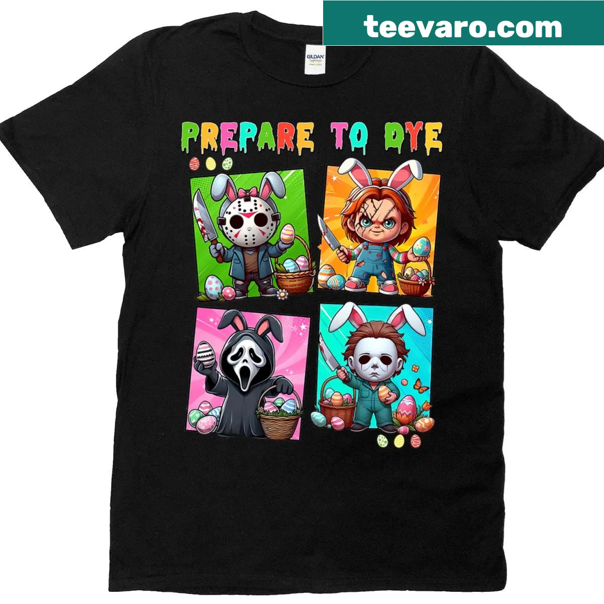 Humorous T-shirt featuring Easter egg-dyeing illustrations with a horror twist — on a men's t-shirt