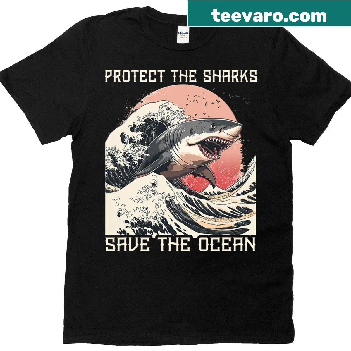 Cartoon shark illustration T-shirt promoting ocean protection — on a men's t-shirt