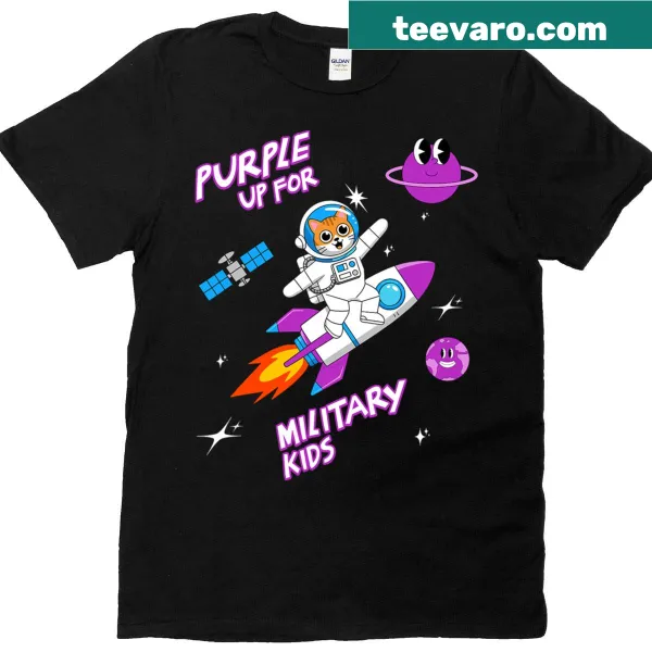 Playful space cat t-shirt promoting military kids