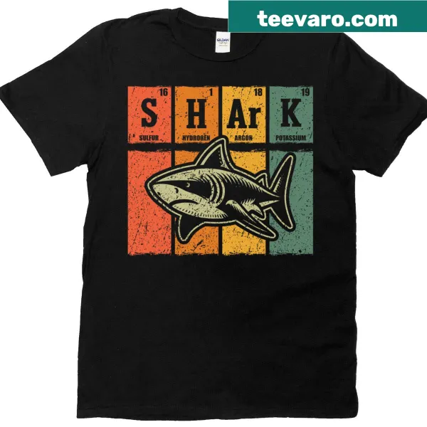 Retro T-shirt featuring periodic elements related to sharks