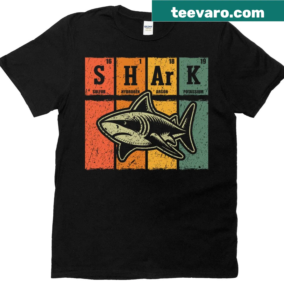 Retro T-shirt featuring periodic elements related to sharks — on a men's t-shirt