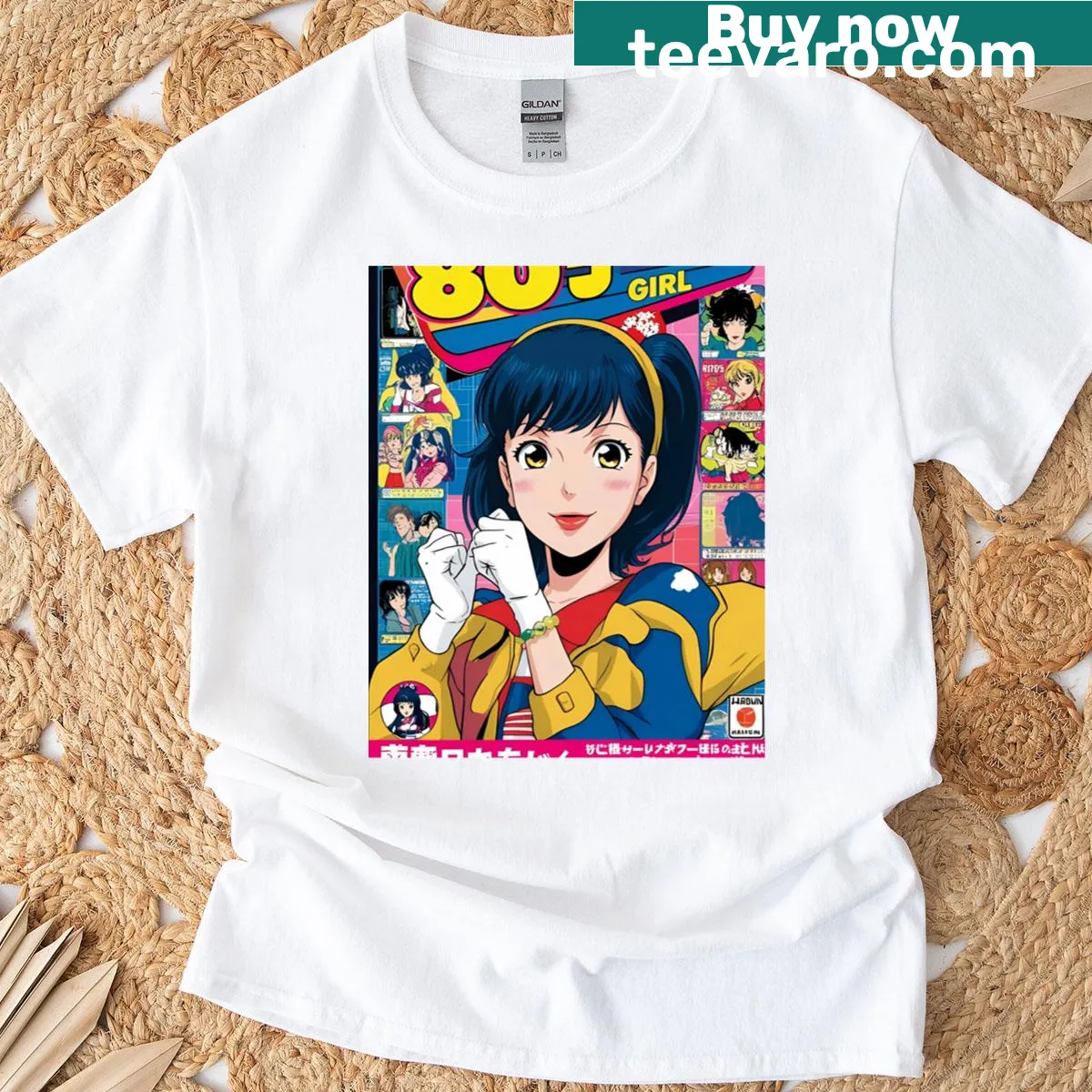 Retro anime girl design depicting power and adventure on a classic t-shirt — on a men's t-shirt