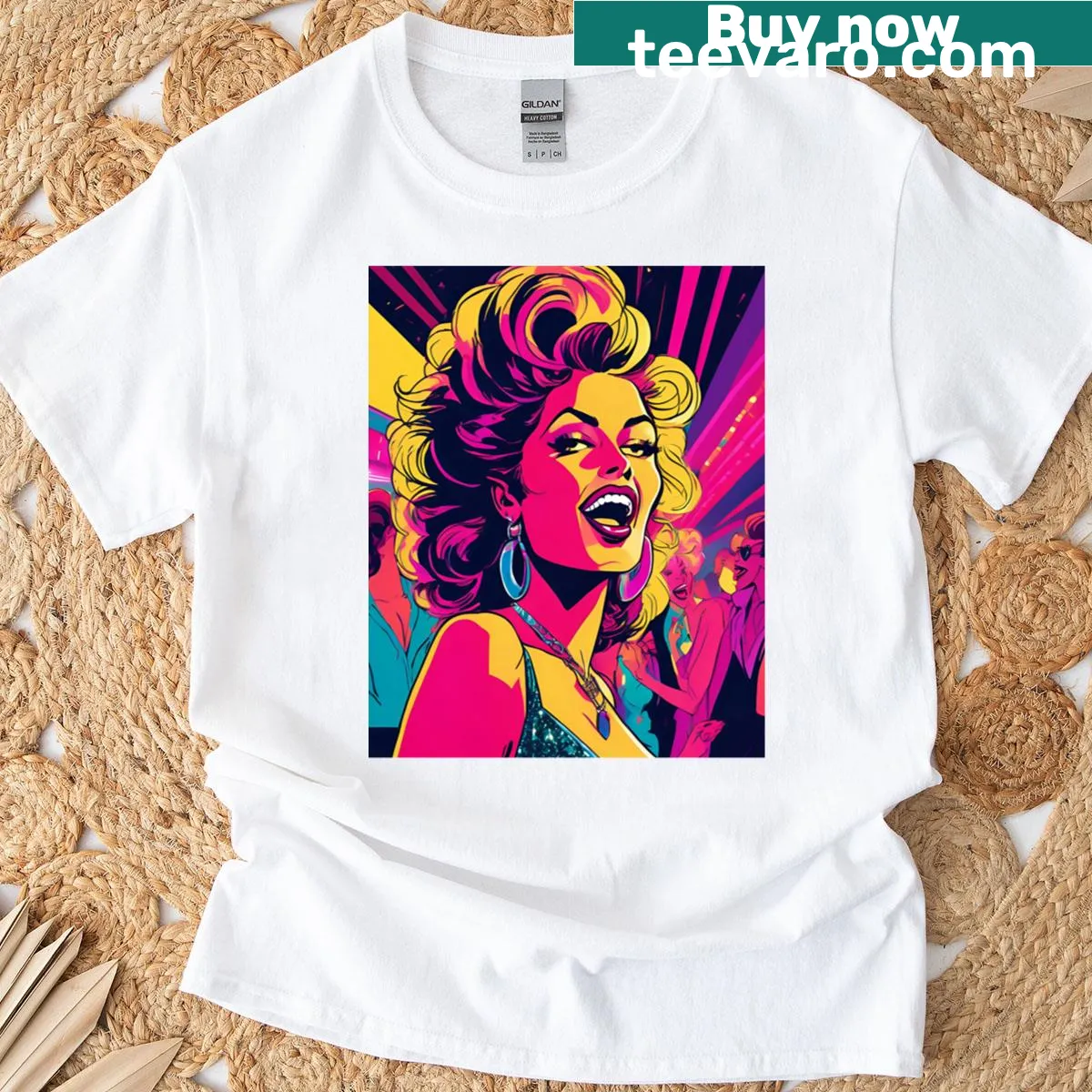 Retro logo T-shirt featuring a blonde girl from the 80s — on a men's t-shirt