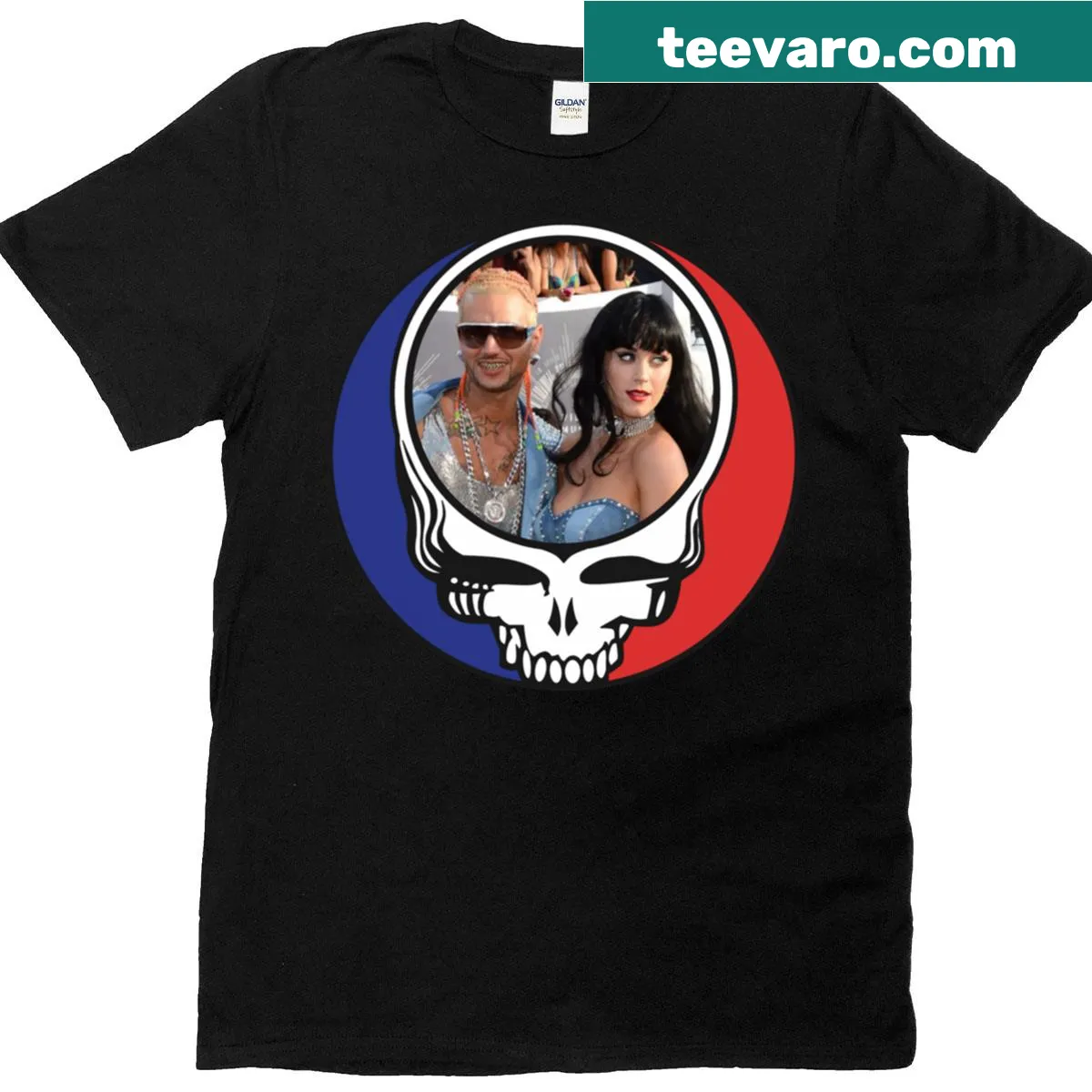 Illustrative design featuring Riff Raff, Katy Perry, and Grateful Dead — on a men's t-shirt