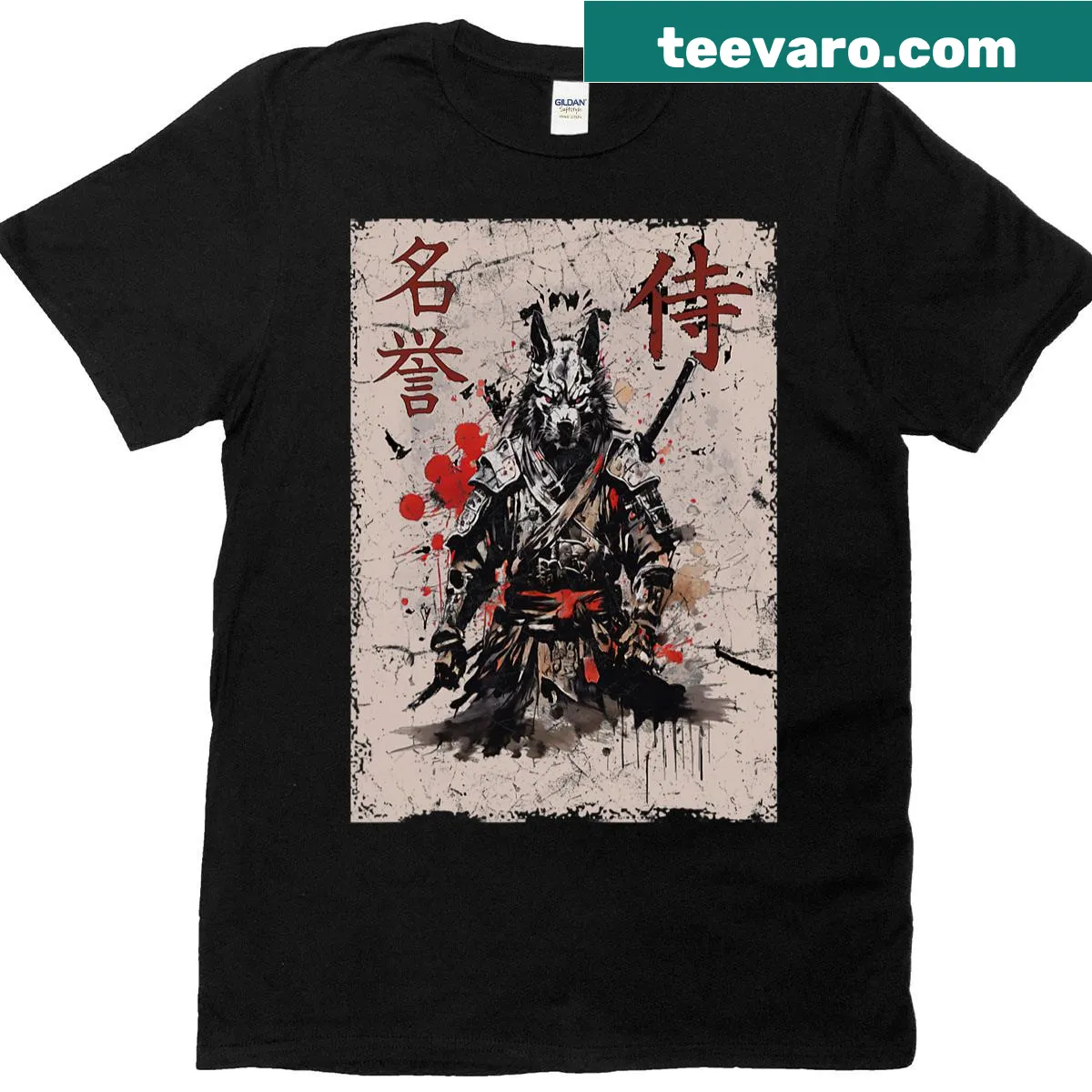 Graphic t-shirt featuring a samurai warrior dog — on a men's t-shirt