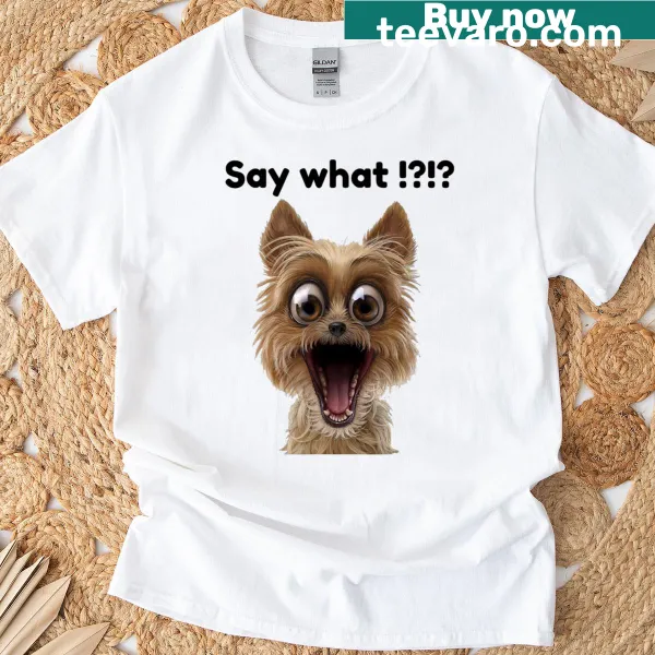Cute T-shirt featuring a surprised excited puppy graphic