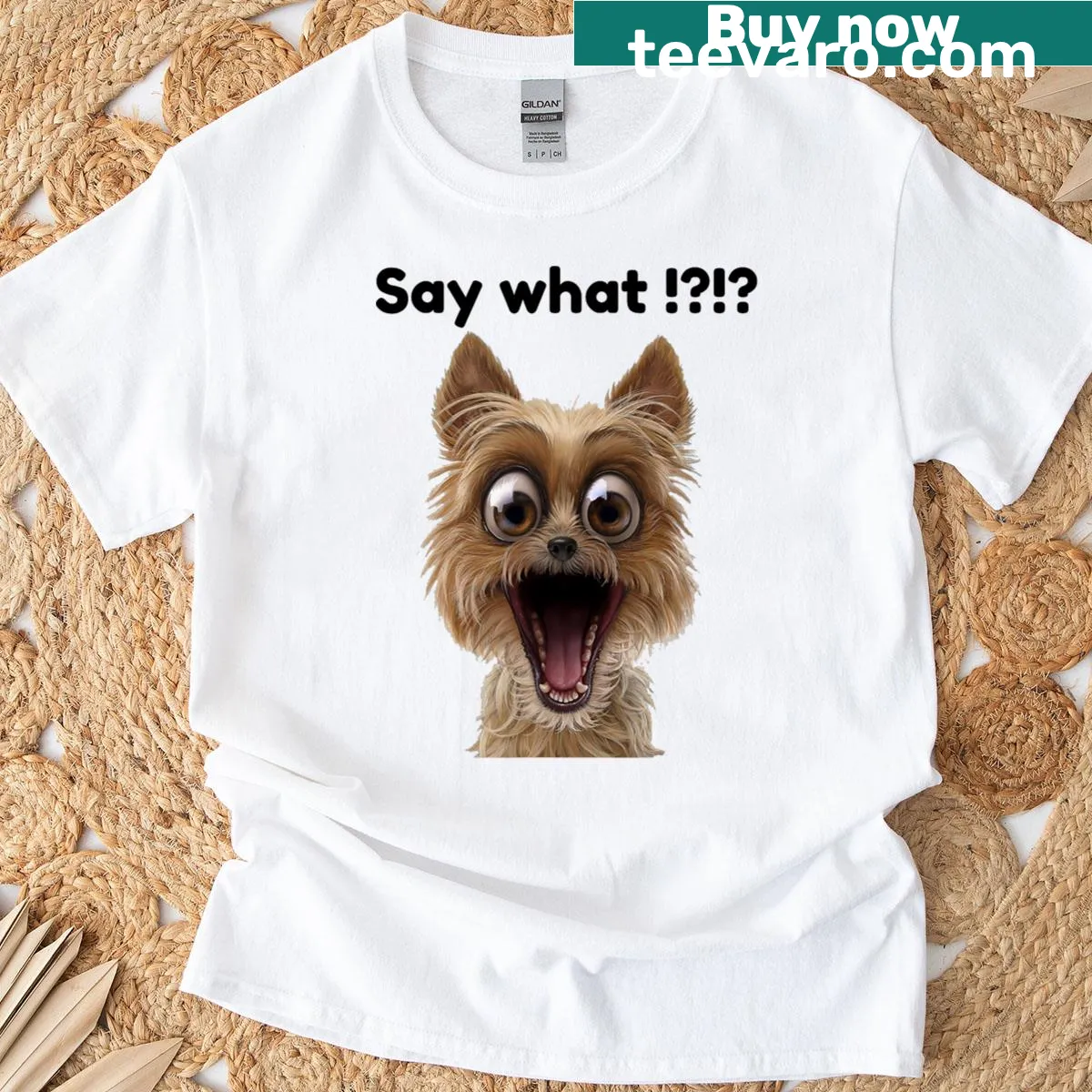 Cute T-shirt featuring a surprised excited puppy graphic — on a men's t-shirt