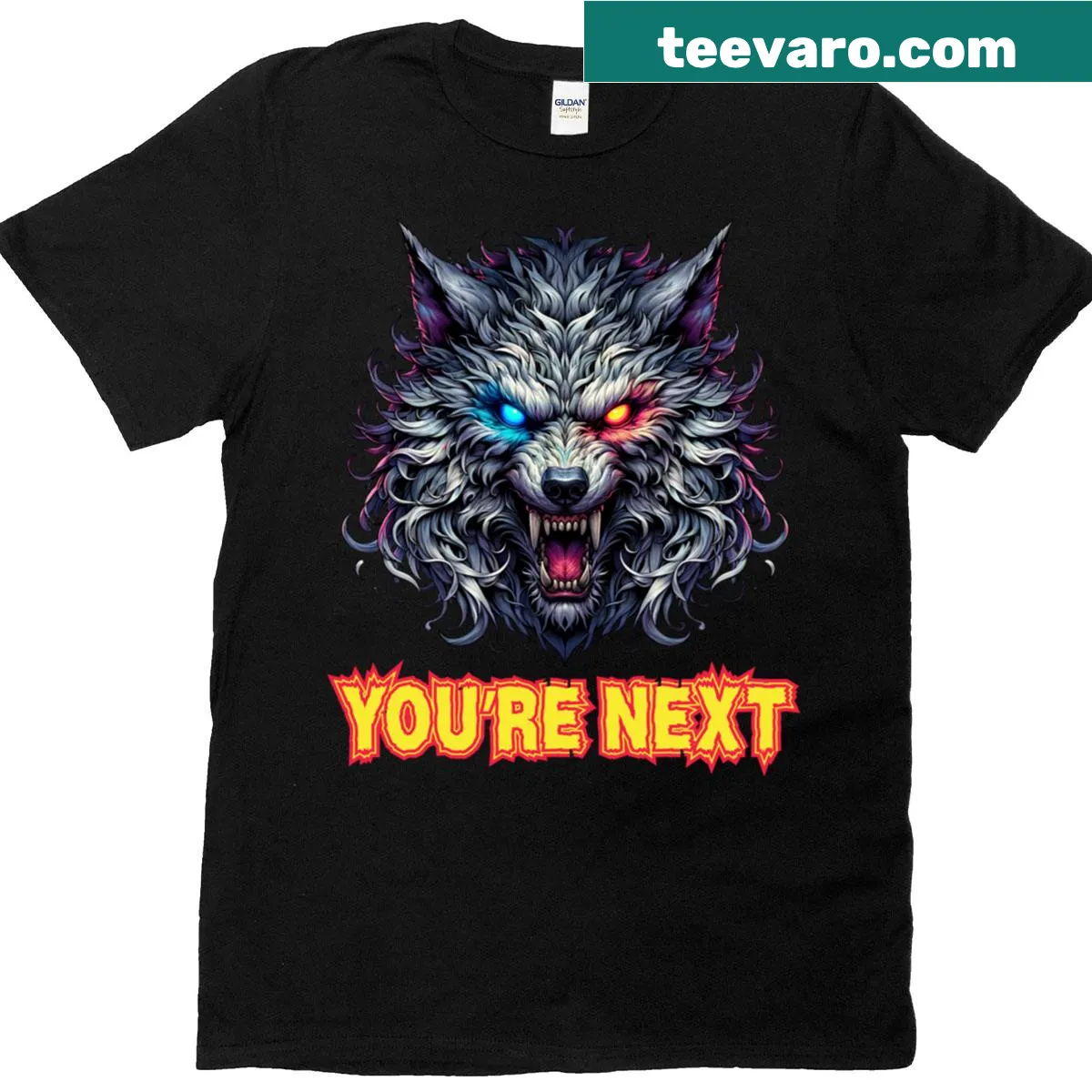 Graphic t-shirt featuring a scary wolf and spooky phrase — on a men's t-shirt