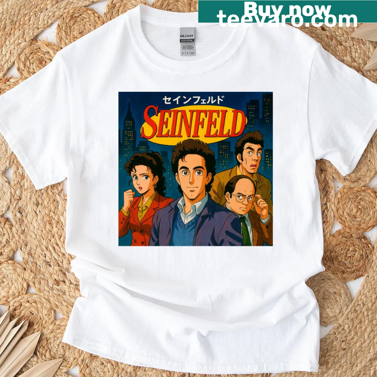 Illustrated t-shirt featuring Seinfeld characters in 1980s anime style. — on a men's t-shirt