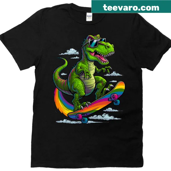 Cartoon dinosaur riding a rainbow skateboard on T-shirt