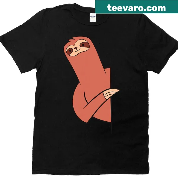 Cute sloth peeking design on a casual T-shirt, playful and fun.